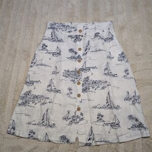 Cynthia Rowley 100% Linen Nautical Print Button Front Skirt Size XL